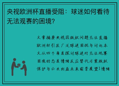 央视欧洲杯直播受阻：球迷如何看待无法观赛的困境？