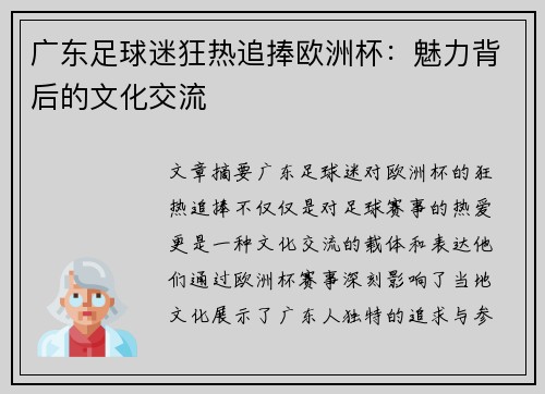 广东足球迷狂热追捧欧洲杯：魅力背后的文化交流